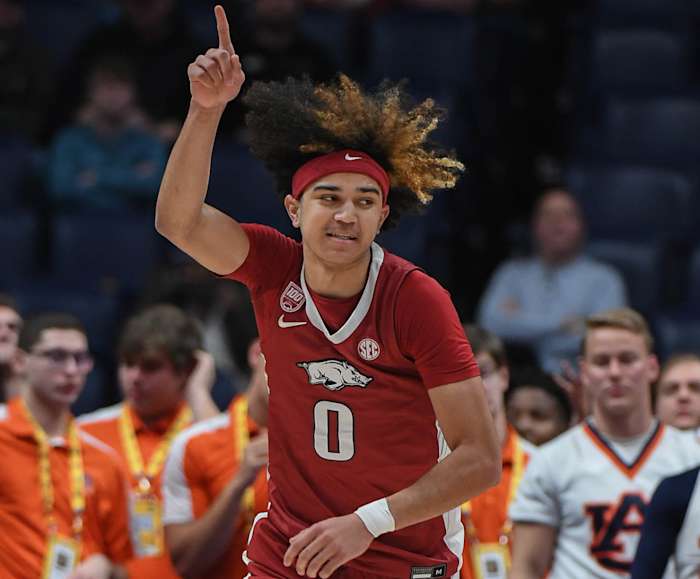 Arkansas Razorbacks guard Anthony Black raises one finger in the SEC Tournament against the Auburn Tigers.
